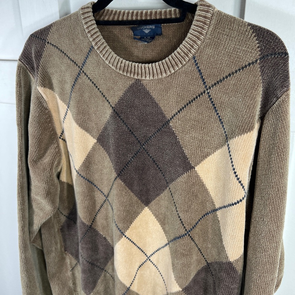 Dockers Mens Argyle Crewneck Sweater Brown Tan 100% Cotton Large Ribbed Knit